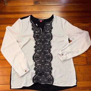 Vince Camuto White Long-Sleeve Blouse with Black Lace Trim